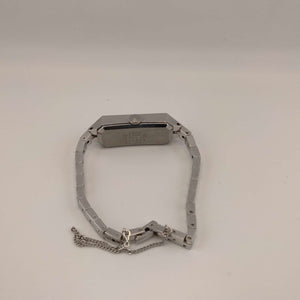 I Like Mikes Mid Century Modern Watches Seiko Quartz Petite Faceted Watch, Silver tone Rectangular Dial, Thin Bracelet Strap with Safety Chain