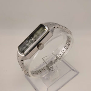 I Like Mikes Mid Century Modern Watches Seiko Quartz Petite Faceted Watch, Silver tone Rectangular Dial, Thin Bracelet Strap with Safety Chain
