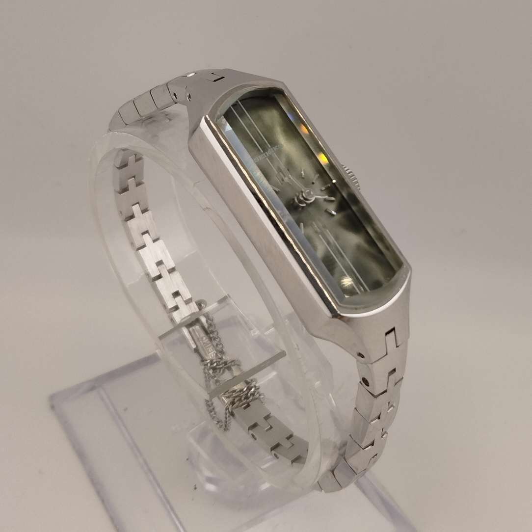 I Like Mikes Mid Century Modern Watches Seiko Quartz Petite Faceted Watch, Silver tone Rectangular Dial, Thin Bracelet Strap with Safety Chain