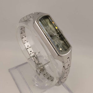 I Like Mikes Mid Century Modern Watches Seiko Quartz Petite Faceted Watch, Silver tone Rectangular Dial, Thin Bracelet Strap with Safety Chain
