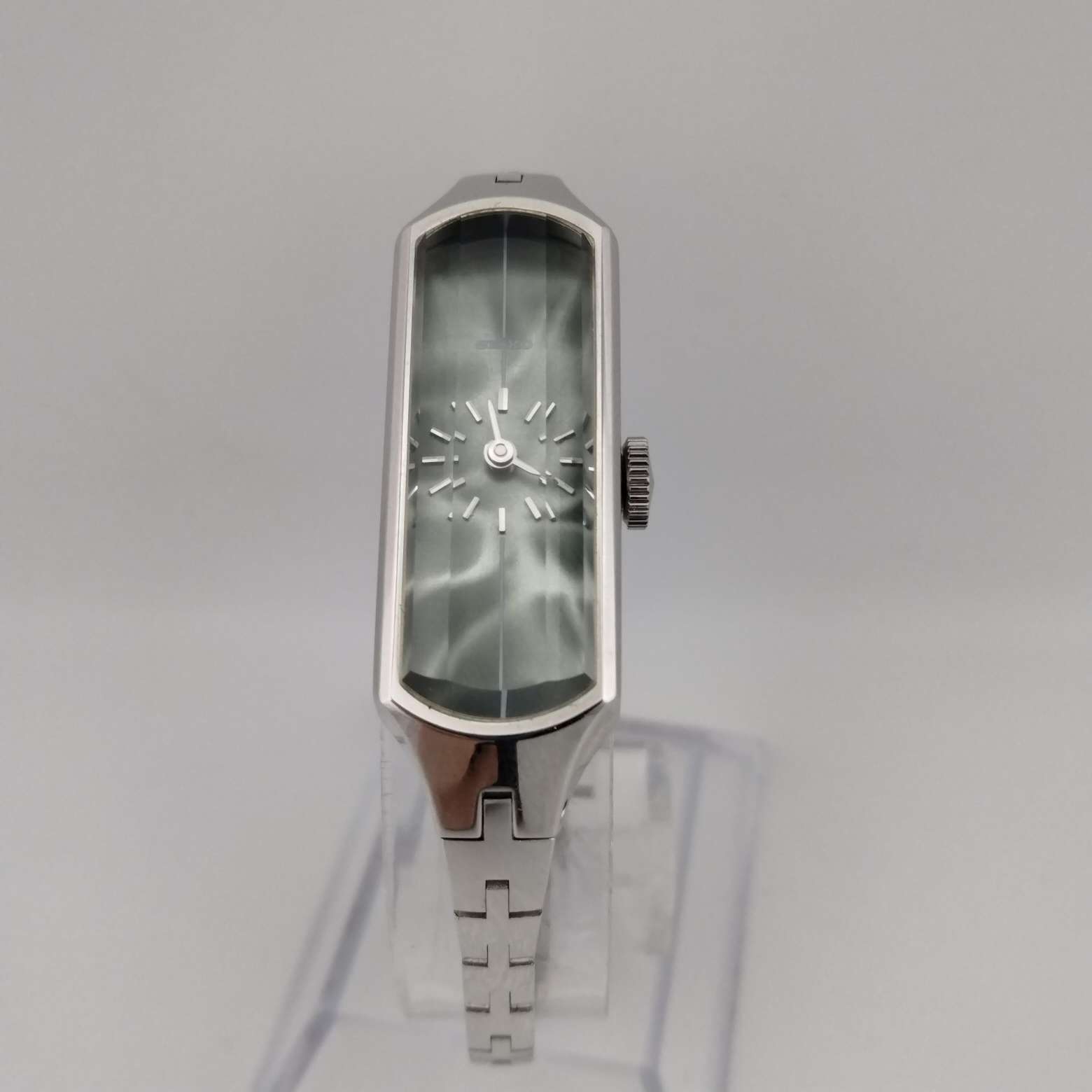 I Like Mikes Mid Century Modern Watches Seiko Quartz Petite Faceted Watch, Silver tone Rectangular Dial, Thin Bracelet Strap with Safety Chain