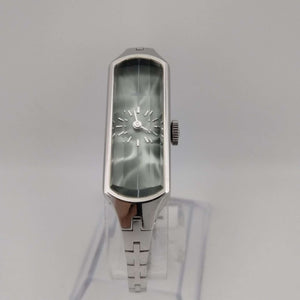 I Like Mikes Mid Century Modern Watches Seiko Quartz Petite Faceted Watch, Silver tone Rectangular Dial, Thin Bracelet Strap with Safety Chain