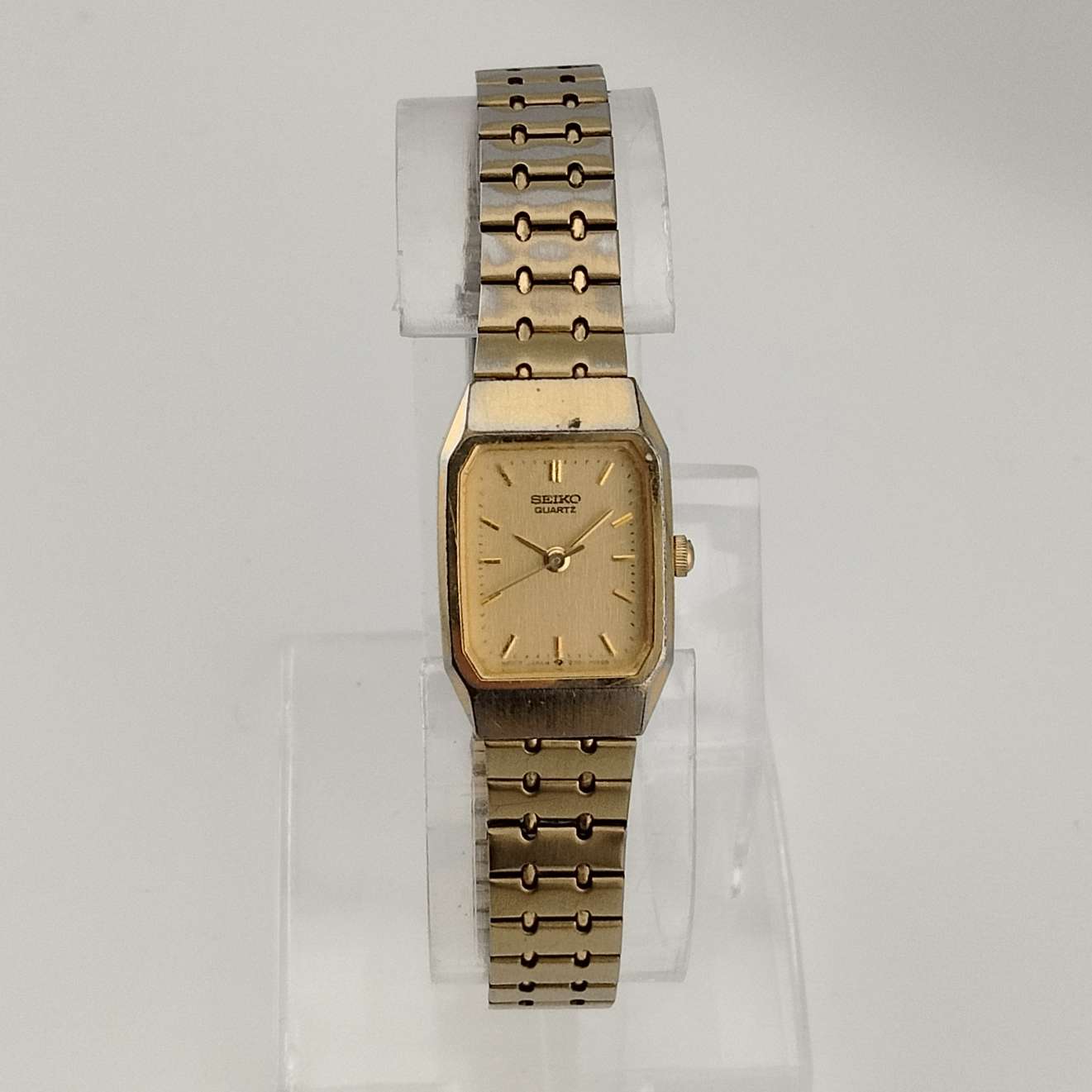 I Like Mikes Mid Century Modern Watches Seiko Quartz Petite Watch, All Gold Tone, Elongated Octagonal Dial, Adjustable Bracelet Strap