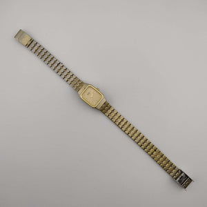 I Like Mikes Mid Century Modern Watches Seiko Quartz Petite Watch, All Gold Tone, Elongated Octagonal Dial, Adjustable Bracelet Strap