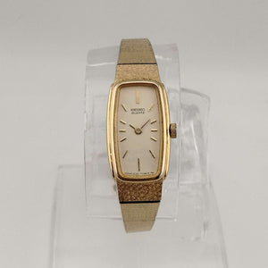 I Like Mikes Mid Century Modern Watches Seiko Quartz Petite Watch, All Gold Tone, Elongated Rectangle Dial with Rounded Sides, Bracelet Strap