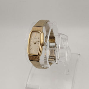 I Like Mikes Mid Century Modern Watches Seiko Quartz Petite Watch, All Gold Tone, Elongated Rectangle Dial with Rounded Sides, Bracelet Strap