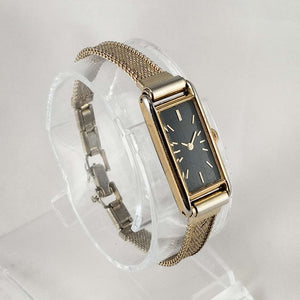 I Like Mikes Mid Century Modern Watches Seiko Quartz Petite Watch, Black Rectangular Dial, Mesh Strap