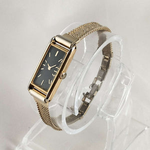 I Like Mikes Mid Century Modern Watches Seiko Quartz Petite Watch, Black Rectangular Dial, Mesh Strap