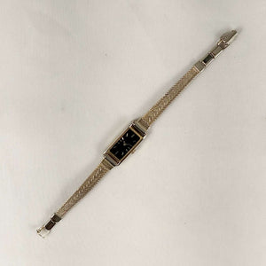 I Like Mikes Mid Century Modern Watches Seiko Quartz Petite Watch, Black Rectangular Dial, Mesh Strap