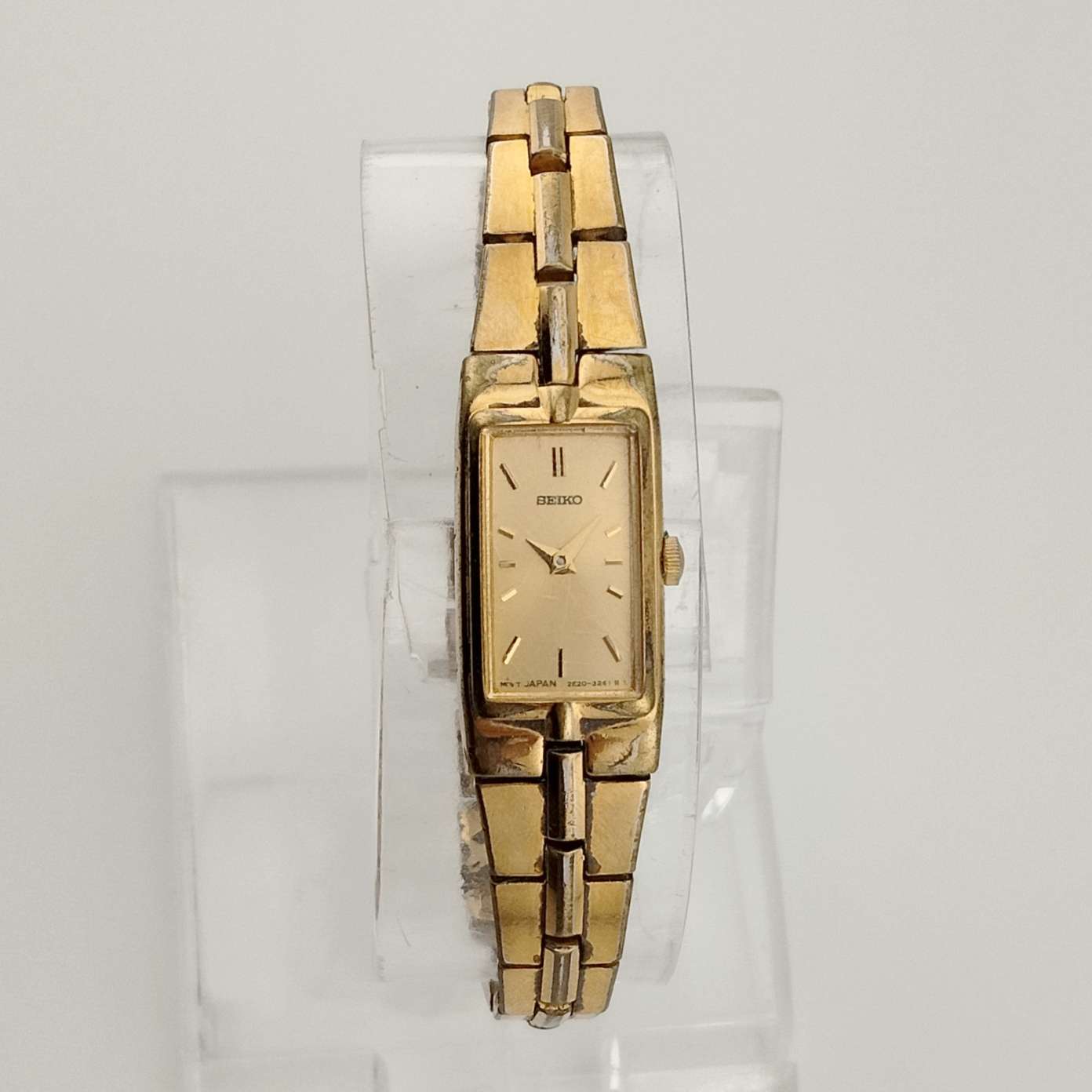 I Like Mikes Mid Century Modern Watches Seiko Quartz Petite Watch, Gold Tone, Elongated Rectangular Dial, Bracelet Strap