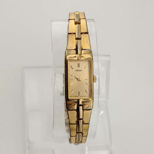 I Like Mikes Mid Century Modern Watches Seiko Quartz Petite Watch, Gold Tone, Elongated Rectangular Dial, Bracelet Strap