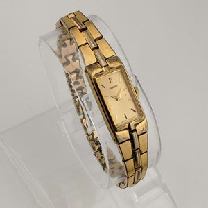 I Like Mikes Mid Century Modern Watches Seiko Quartz Petite Watch, Gold Tone, Elongated Rectangular Dial, Bracelet Strap