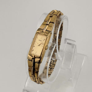 I Like Mikes Mid Century Modern Watches Seiko Quartz Petite Watch, Gold Tone, Elongated Rectangular Dial, Bracelet Strap