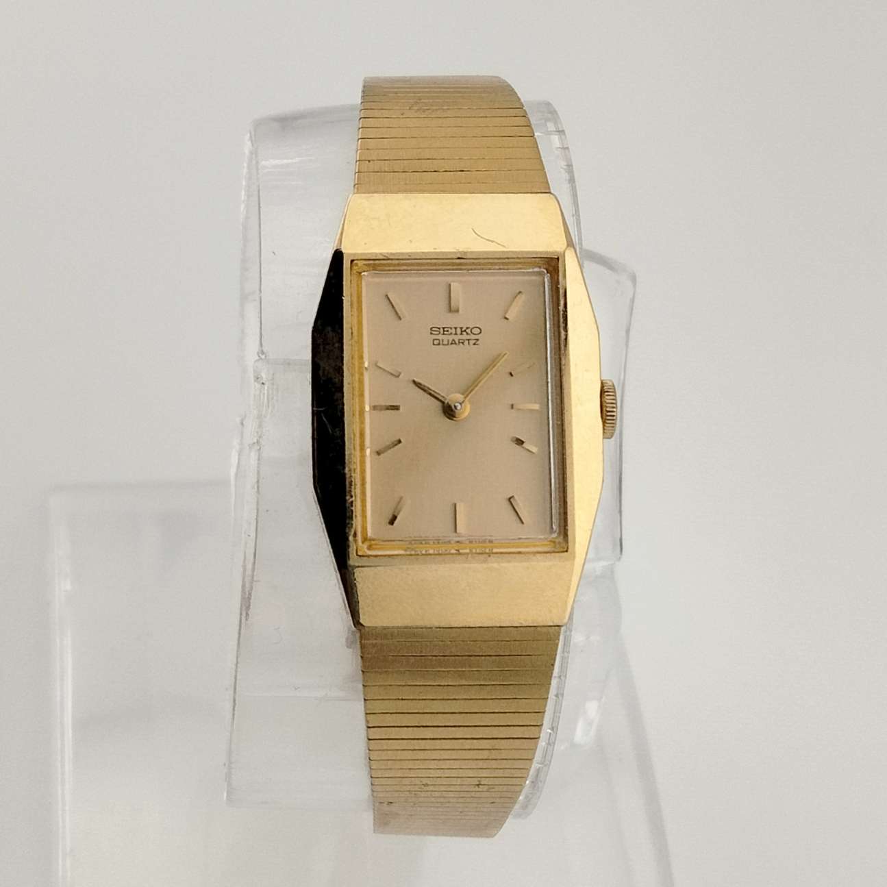 I Like Mikes Mid Century Modern Watches Seiko Quartz Petite Watch, Gold Tone, Rectangular Dial, Bracelet Strap