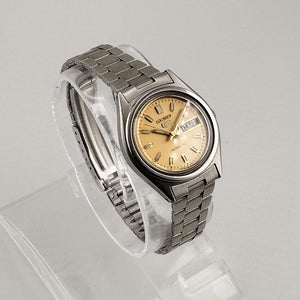 I Like Mikes Mid Century Modern Watches Seiko Quartz Petite Watch, Silver Tone, Gold Tone Dial, Bracelet Strap