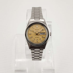 I Like Mikes Mid Century Modern Watches Seiko Quartz Petite Watch, Silver Tone, Gold Tone Dial, Bracelet Strap