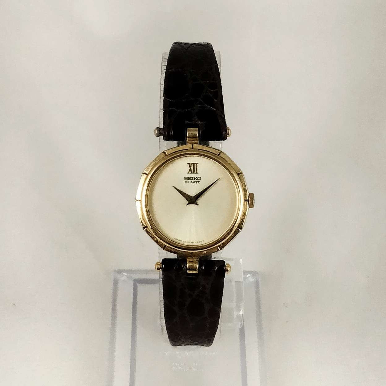 I Like Mikes Mid Century Modern Watches Seiko Quartz Watch, Etched Bezel Details, Brown Leather Strap