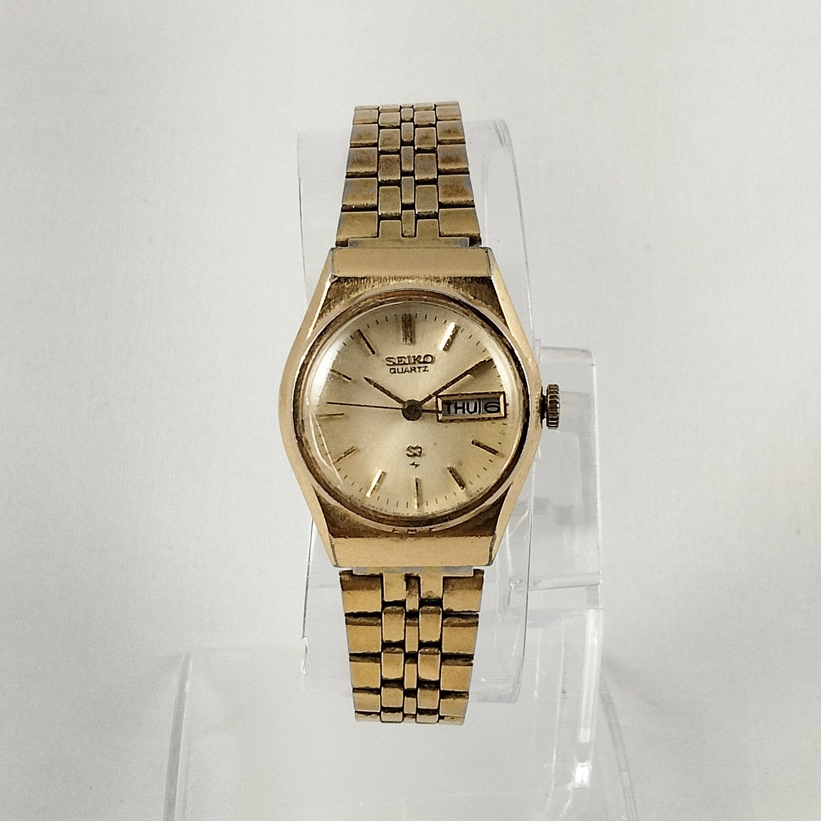 I Like Mikes Mid Century Modern Watches Seiko Quartz Watch, Gold Tone, Raised Crystal, Bracelet Strap
