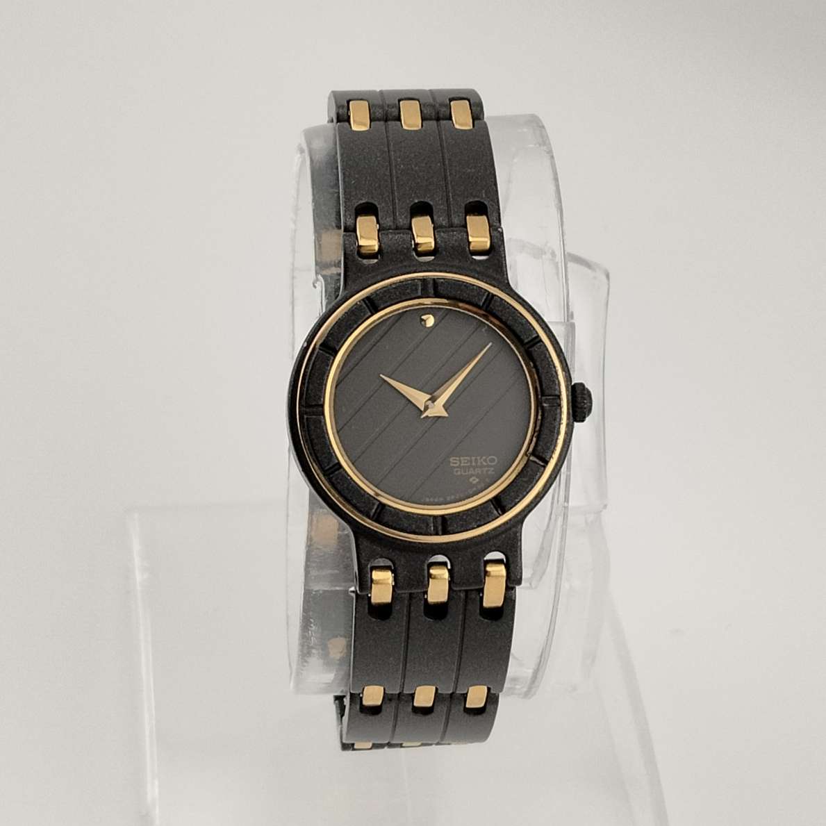 I Like Mikes Mid Century Modern Watches Seiko Quartz Watch, Matte Black Dial and Strap, Gold Tone Details