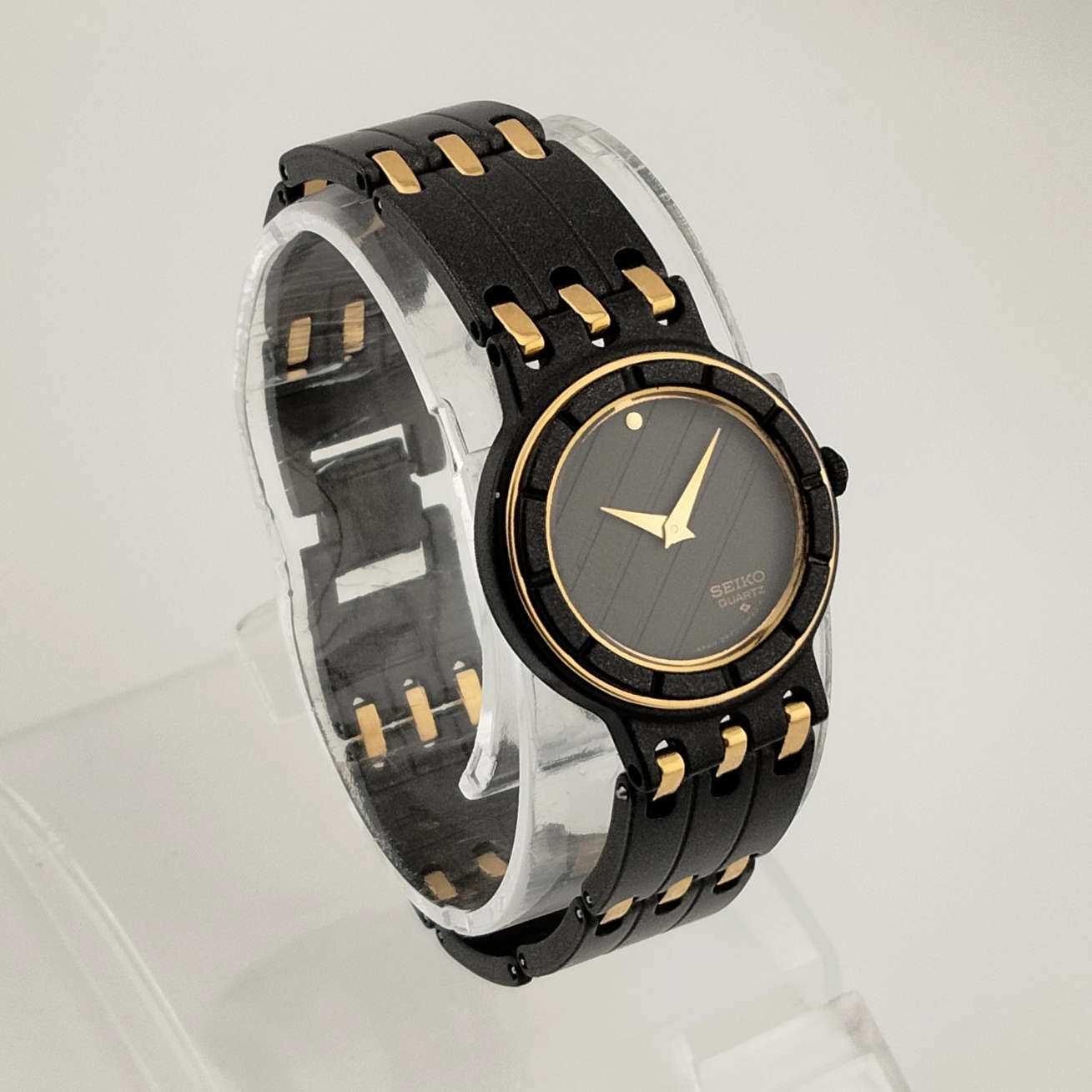 I Like Mikes Mid Century Modern Watches Seiko Quartz Watch, Matte Black Dial and Strap, Gold Tone Details