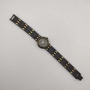 I Like Mikes Mid Century Modern Watches Seiko Quartz Watch, Matte Black Dial and Strap, Gold Tone Details