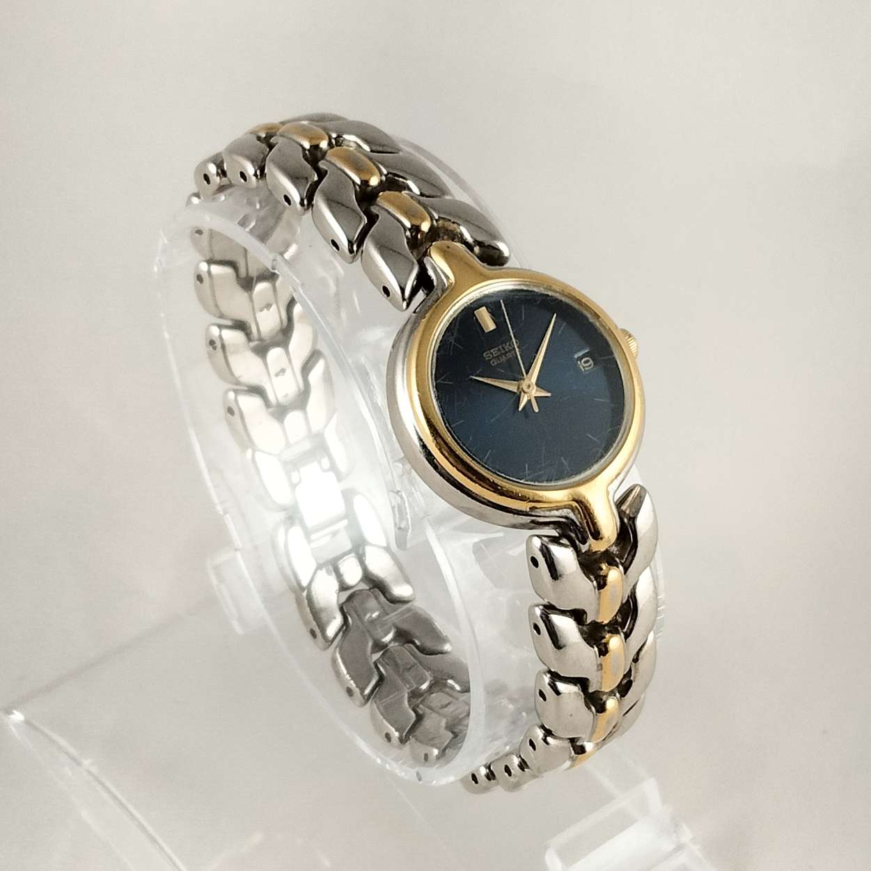 I Like Mikes Mid Century Modern Watches Seiko Quartz Watch, Navy Dial, Silver and Gold Tone Details, Bracelet Strap