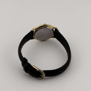 I Like Mikes Mid Century Modern Watches Seiko Quartz Women's Watch, Black Round Face with Gold Markers, Black Leather Strap