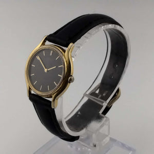 I Like Mikes Mid Century Modern Watches Seiko Quartz Women's Watch, Black Round Face with Gold Markers, Black Leather Strap