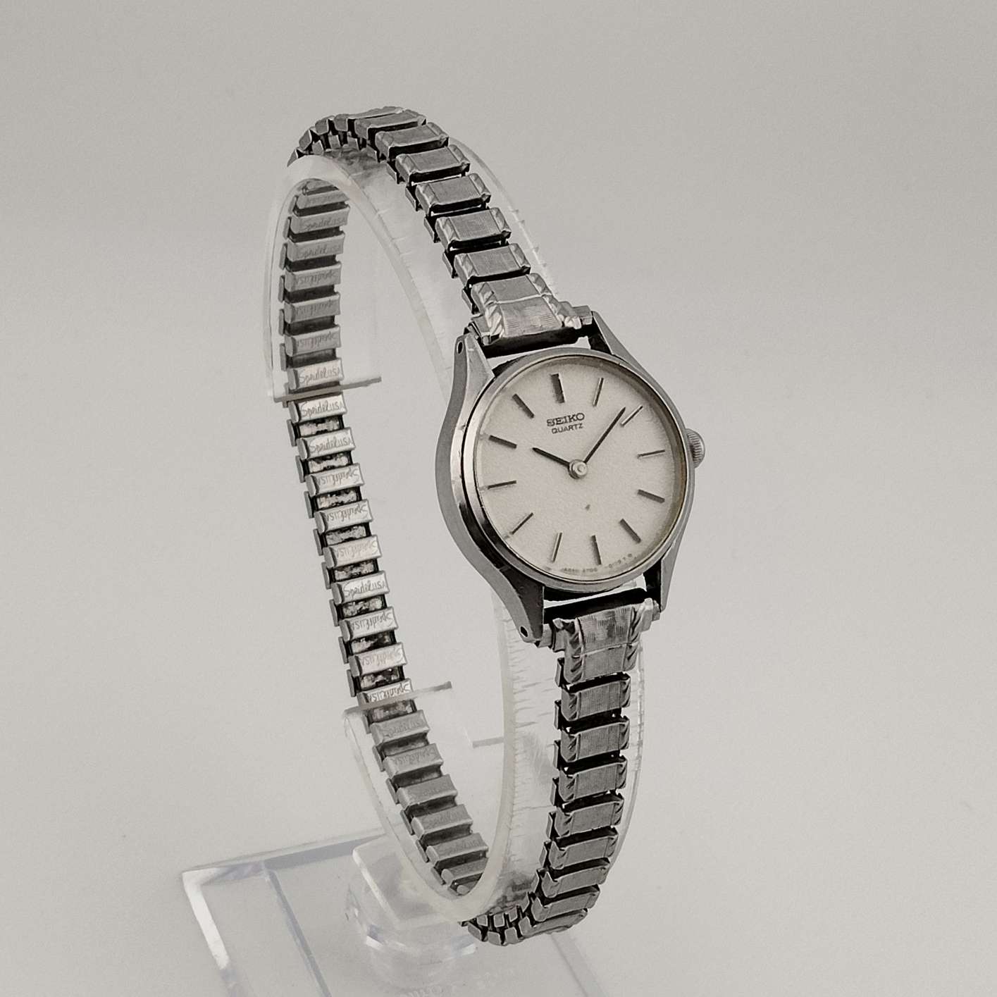 I Like Mikes Mid Century Modern Watches Seiko Round Watch, Silver Tone, Circular Dial, Thin Stretch Strap