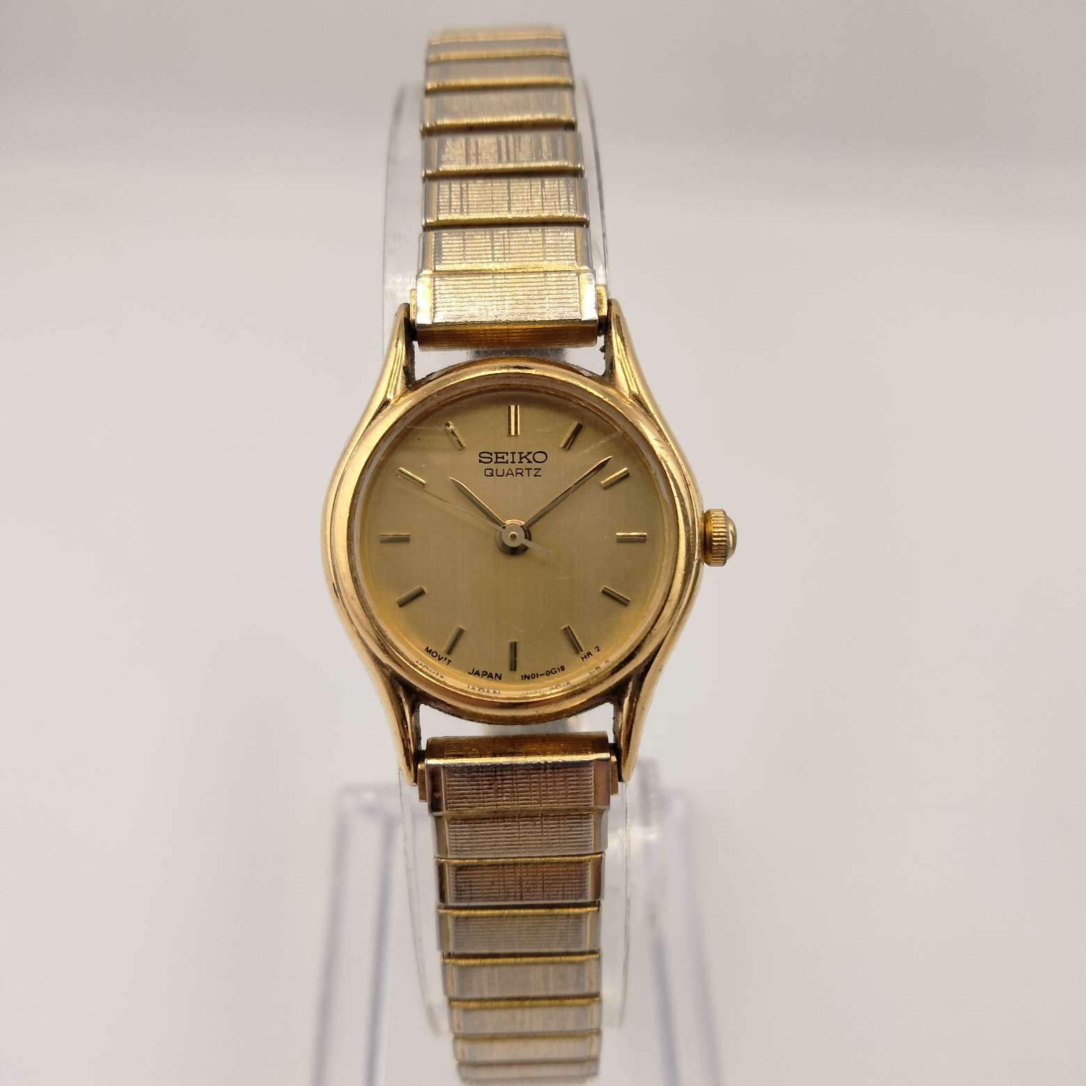 I Like Mikes Mid Century Modern Watches Seiko Round Woman's Watch, Gold Tone, Stretch Strap