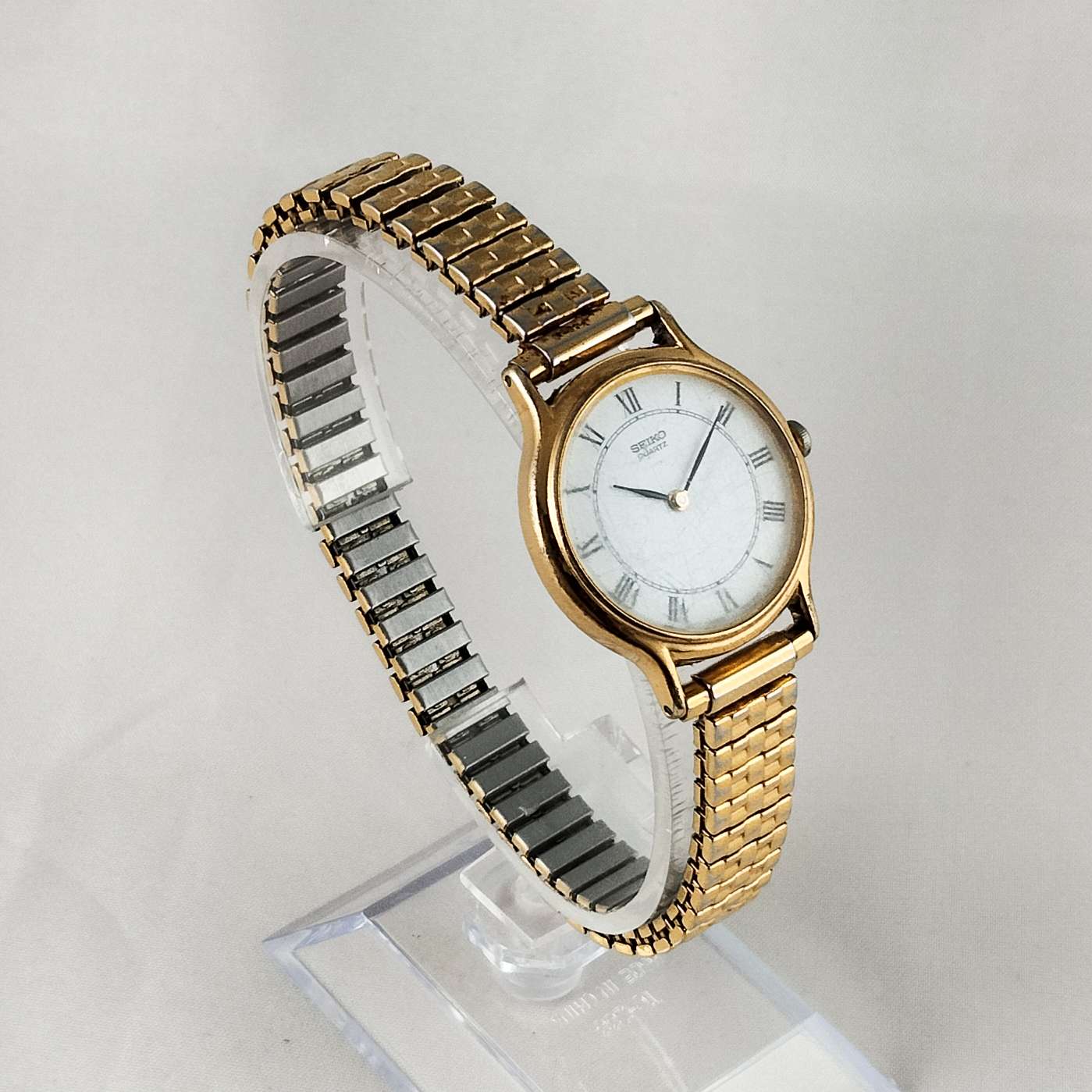 I Like Mikes Mid Century Modern Watches Seiko Round Woman's Watch, Gold Tone, White Face, Stretch Strap