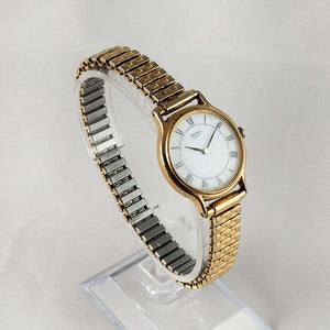 I Like Mikes Mid Century Modern Watches Seiko Round Woman's Watch, Gold Tone, White Face, Stretch Strap