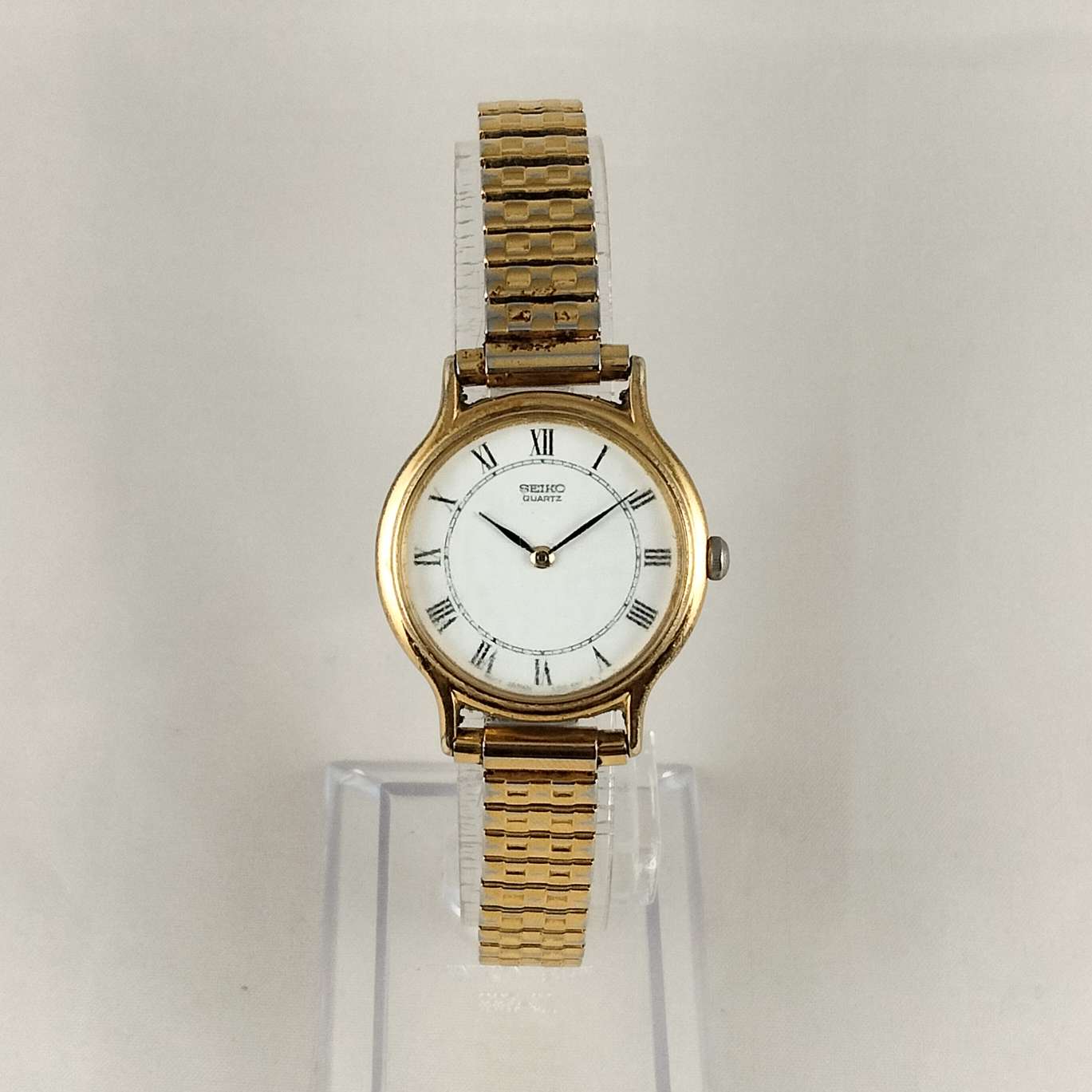 I Like Mikes Mid Century Modern Watches Seiko Round Woman's Watch, Gold Tone, White Face, Stretch Strap
