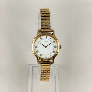 I Like Mikes Mid Century Modern Watches Seiko Round Woman's Watch, Gold Tone, White Face, Stretch Strap