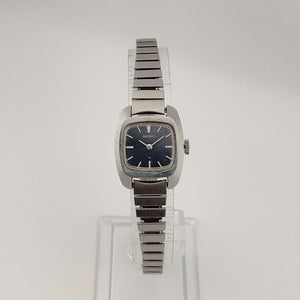 I Like Mikes Mid Century Modern Watches Seiko Silver Tone Watch, Square Blue Dial, Stretch Bracelet Strap