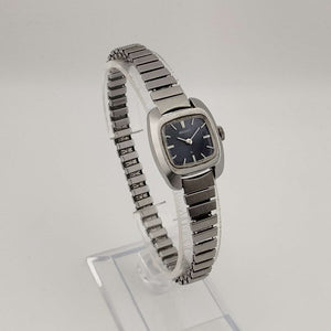 I Like Mikes Mid Century Modern Watches Seiko Silver Tone Watch, Square Blue Dial, Stretch Bracelet Strap