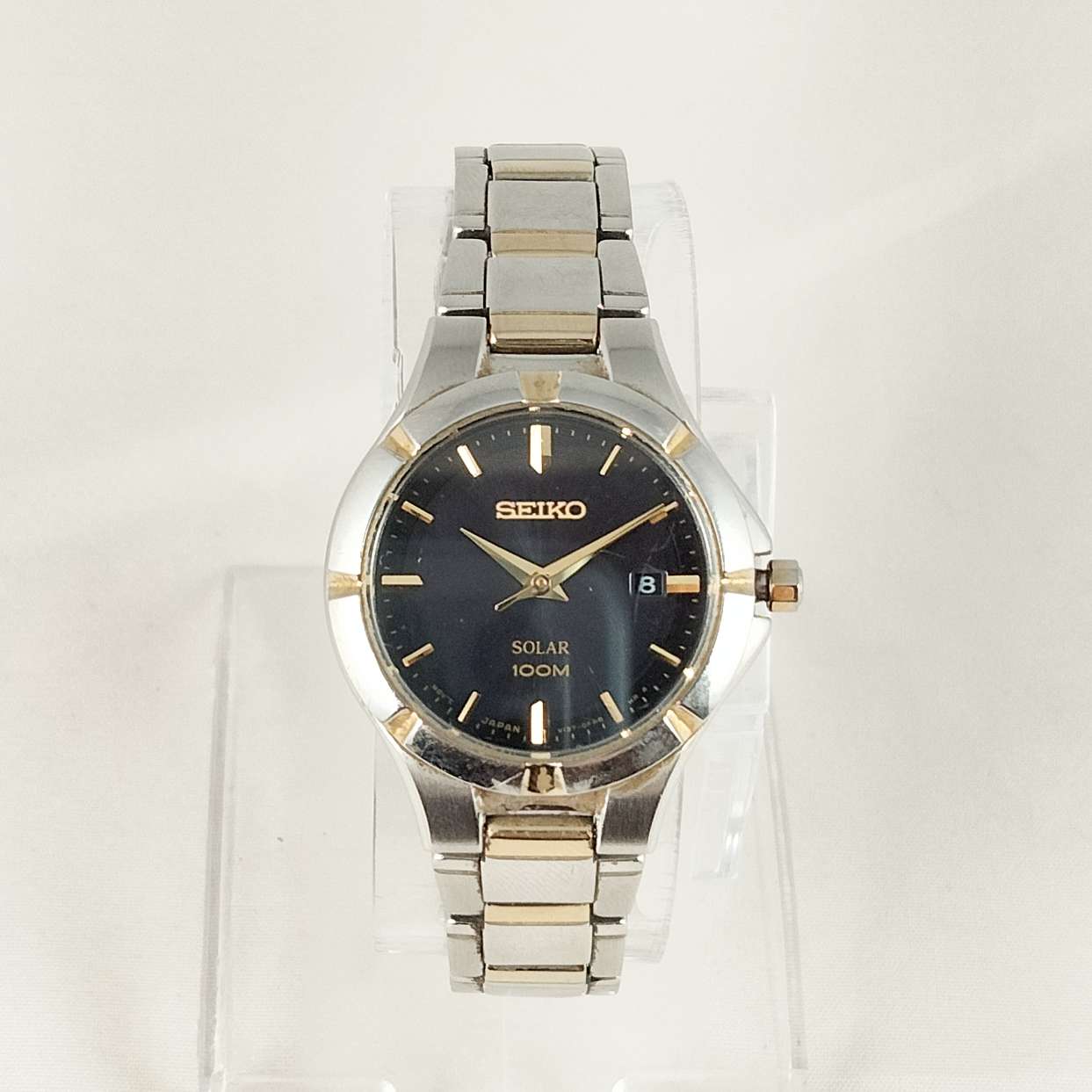 I Like Mikes Mid Century Modern Watches Seiko Solar 100 M Watch, Black Dial, Bracelet Strap
