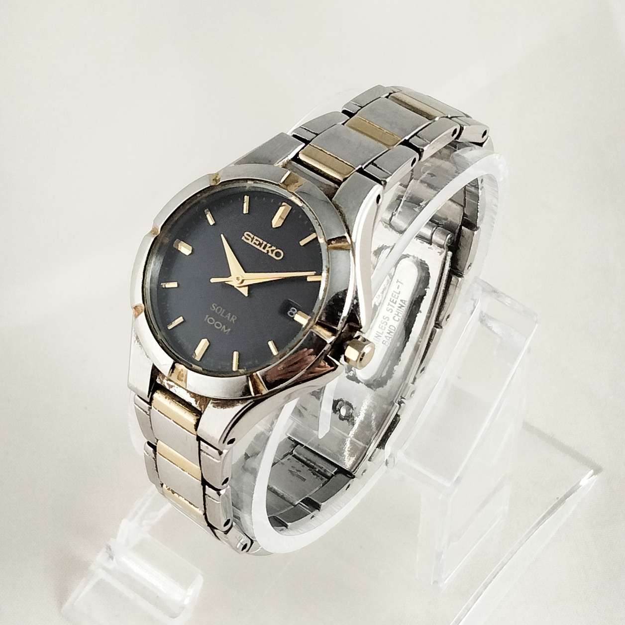 稼働品　SEIKO 腕時計　クォーツ　SOLAR100M ゴールドデゼル　メンズ Seiko Solar 100 M Watch, Black Dial, Bracelet Strap - I Like Mikes