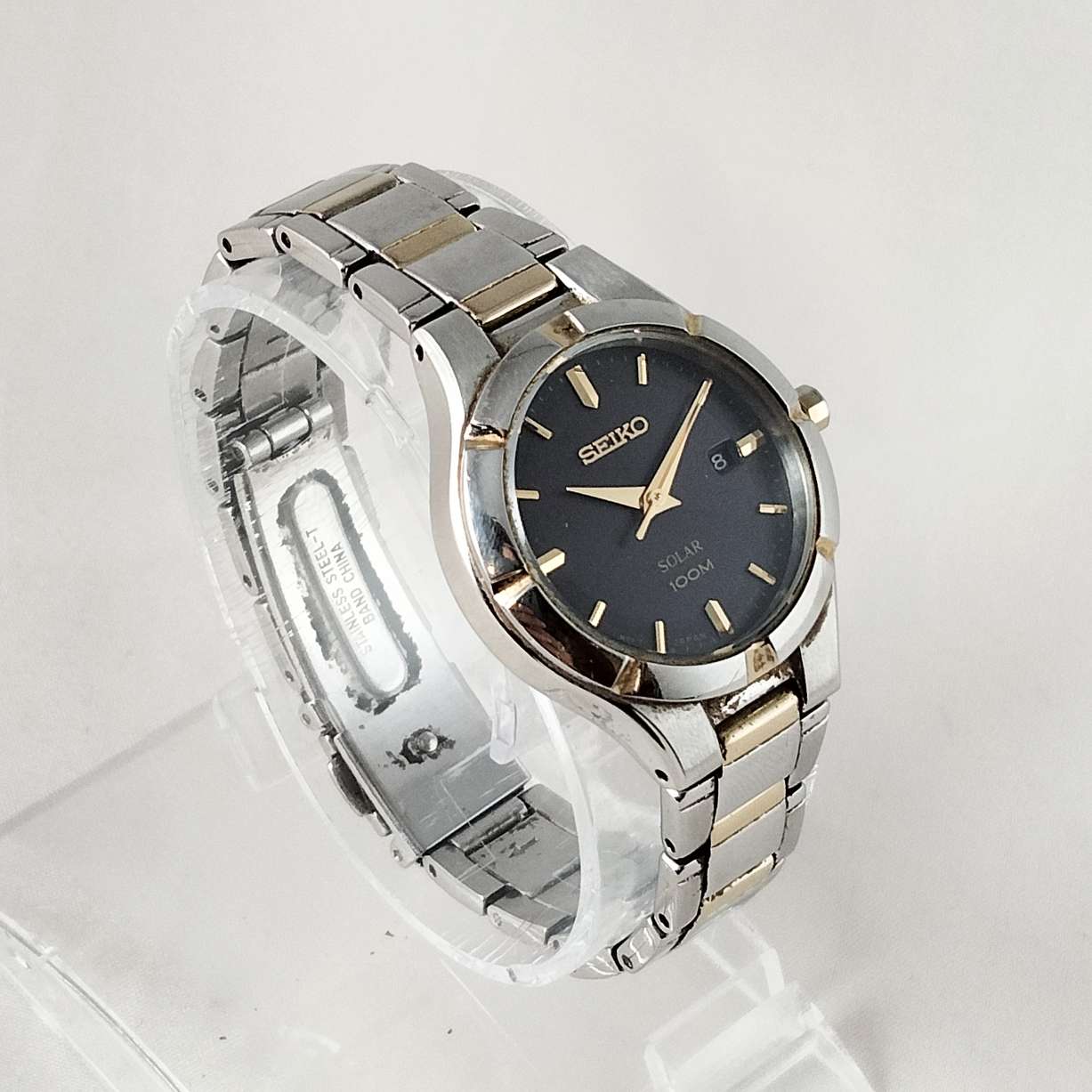 I Like Mikes Mid Century Modern Watches Seiko Solar 100 M Watch, Black Dial, Bracelet Strap