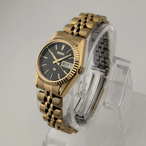 I Like Mikes Mid Century Modern Watches Seiko SQ Petite Gold Tone Watch, Black Dial, Date, Bracelet Strap