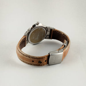 I Like Mikes Mid Century Modern Watches Seiko Stainless Steel Men's Watch, Fish-Eye Lens Look, Brown Leather Strap