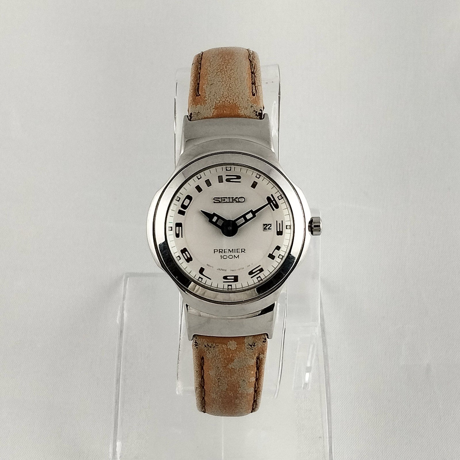 I Like Mikes Mid Century Modern Watches Seiko Stainless Steel Men's Watch, Fish-Eye Lens Look, Brown Leather Strap