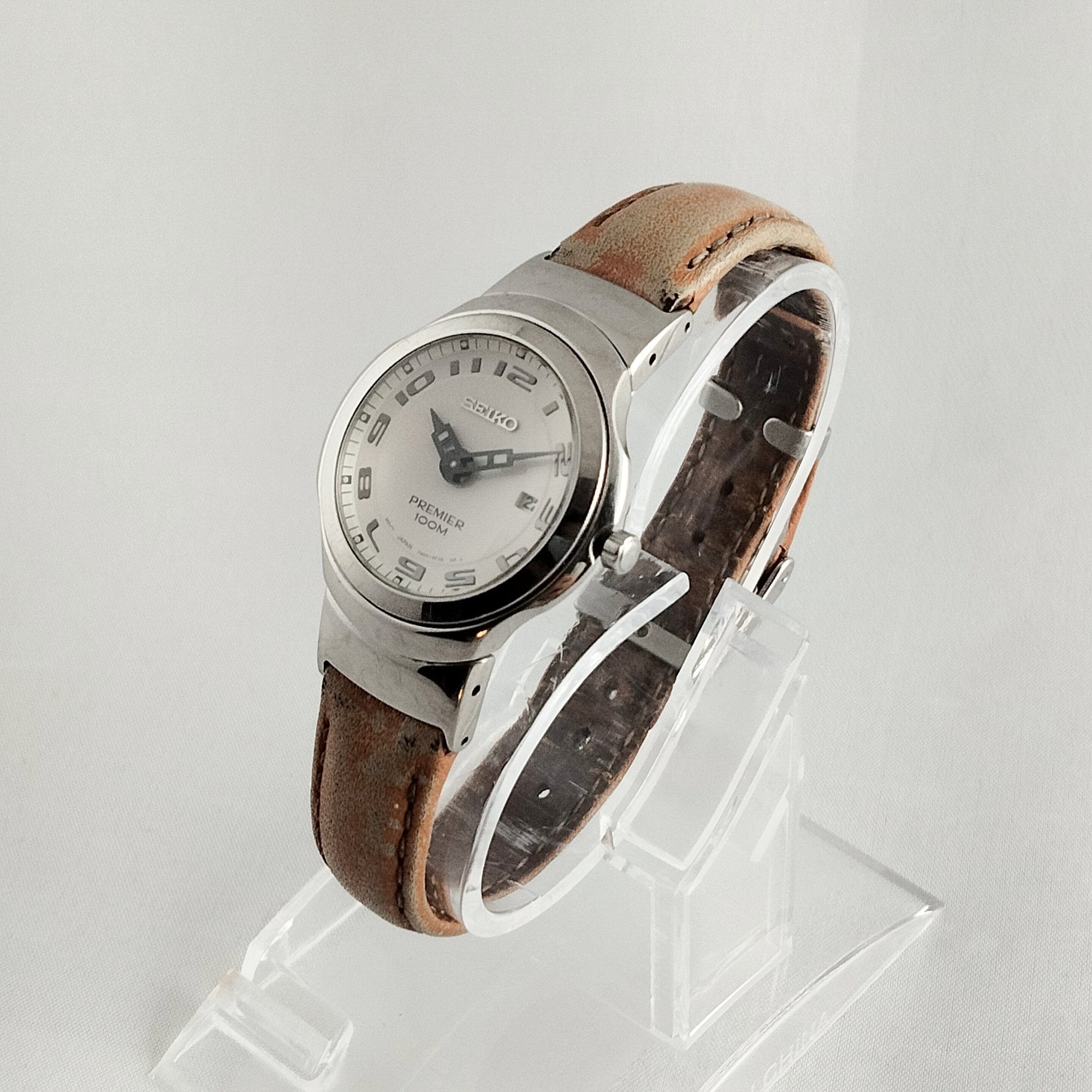 I Like Mikes Mid Century Modern Watches Seiko Stainless Steel Men's Watch, Fish-Eye Lens Look, Brown Leather Strap