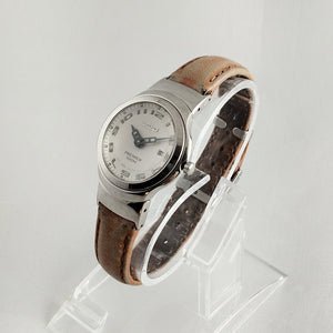 I Like Mikes Mid Century Modern Watches Seiko Stainless Steel Men's Watch, Fish-Eye Lens Look, Brown Leather Strap
