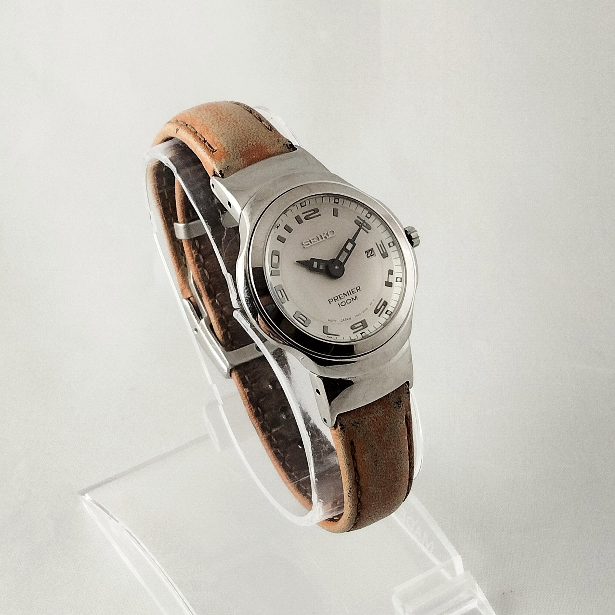I Like Mikes Mid Century Modern Watches Seiko Stainless Steel Men's Watch, Fish-Eye Lens Look, Brown Leather Strap
