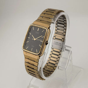 I Like Mikes Mid Century Modern Watches Seiko SX Quartz Gold Watch, Black Rectangular Dial, Adjustable Bracelet Strap