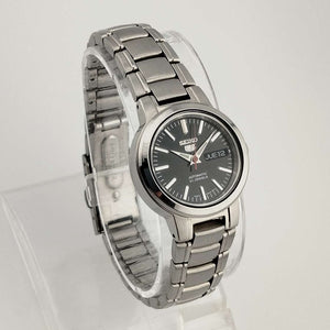 I Like Mikes Mid Century Modern Watches Seiko Unisex, Automatic, Date and Day, Silver Tone Watch, Black Dial, Bracelet Strap