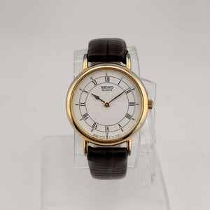 I Like Mikes Mid Century Modern Watches Seiko Unisex Gold Tone Quartz Watch, Round White Dial, Brown Genuine Leather Strap
