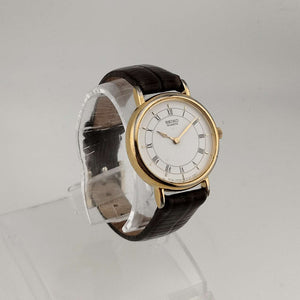 I Like Mikes Mid Century Modern Watches Seiko Unisex Gold Tone Quartz Watch, Round White Dial, Brown Genuine Leather Strap