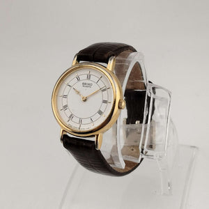 I Like Mikes Mid Century Modern Watches Seiko Unisex Gold Tone Quartz Watch, Round White Dial, Brown Genuine Leather Strap